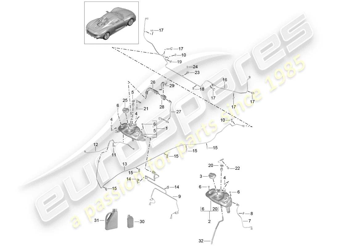 porsche 2015 (918 spyder) diagramma delle parti del raffreddamento ad acqua