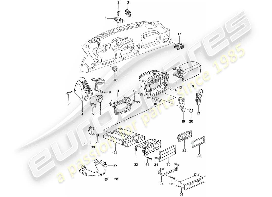 porsche 2005 (996) accessori - rivestimento cruscotto diagramma delle parti