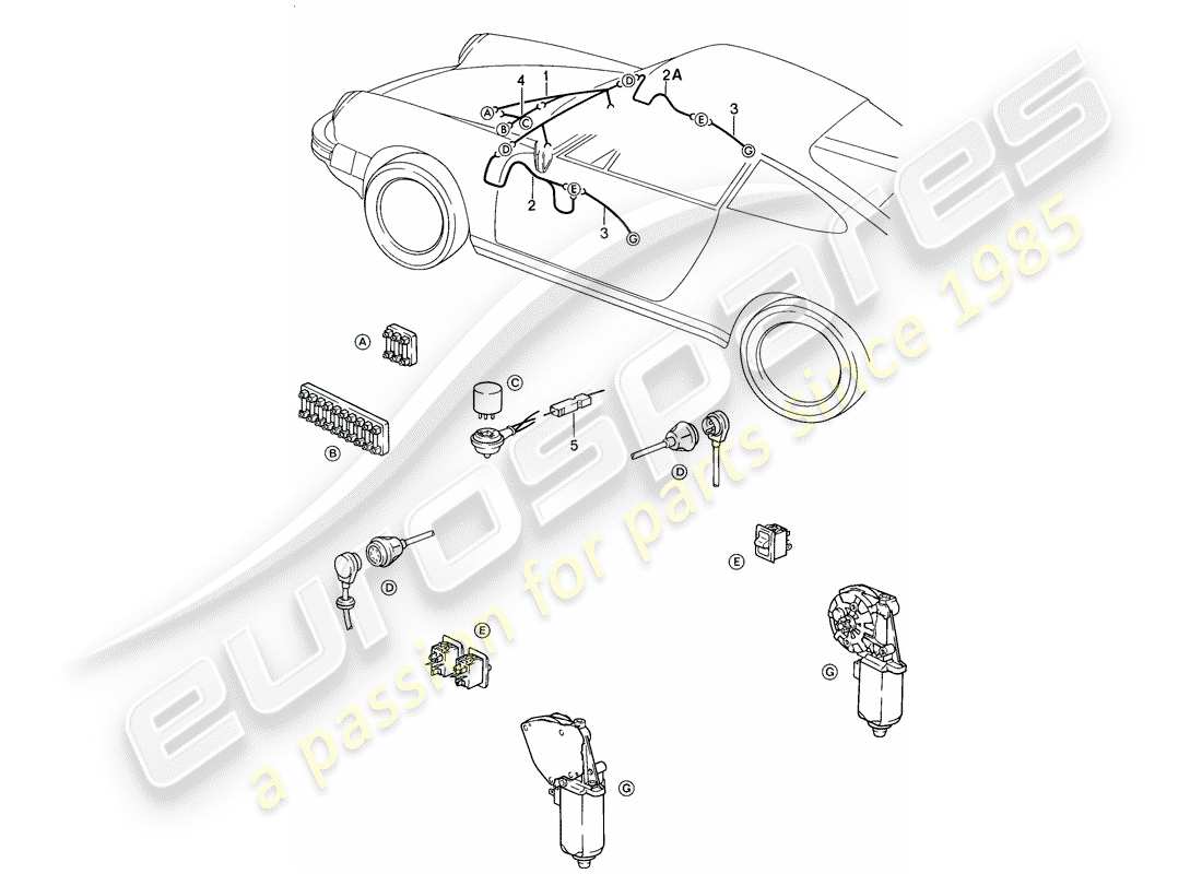 porsche 1985 (911) cablaggi - vano bagagli anteriore - alzacristallo elettrico schema delle parti
