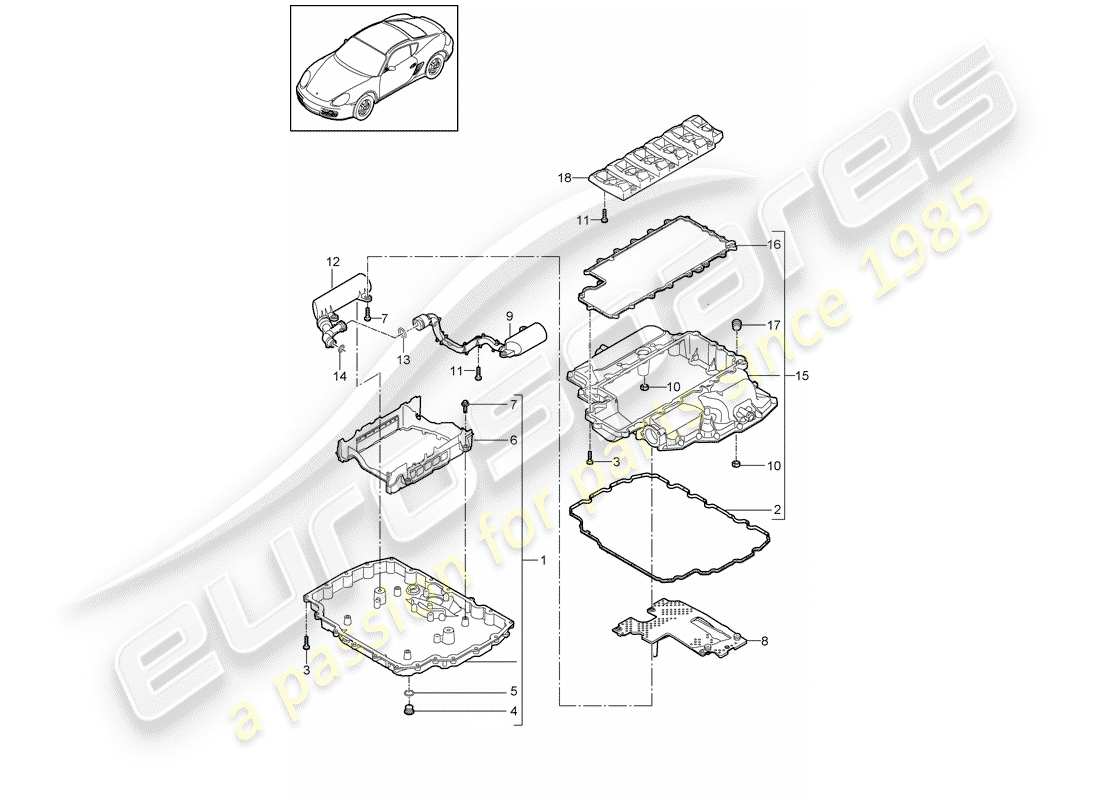 porsche 2011 (987 cayman) diagramma delle parti della coppa dell'olio
