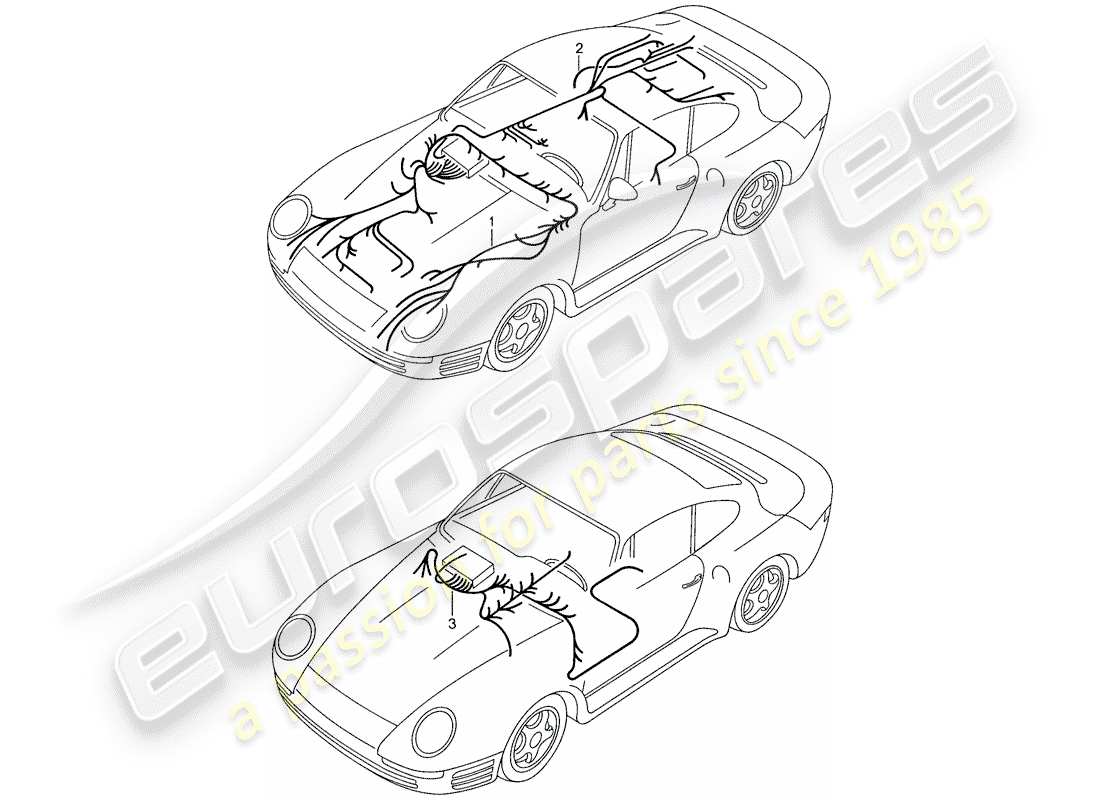 porsche 1987 (959) cablaggi - vano bagagli anteriore - cruscotto - parte posteriore schema parte