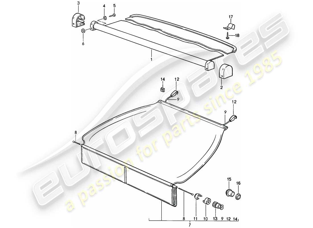 porsche 1986 (944) copertura del vano bagagli diagramma delle parti