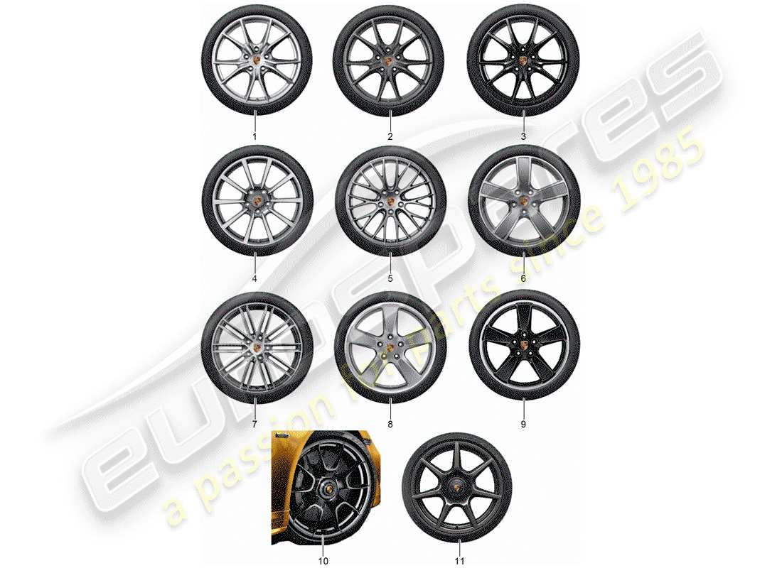 porsche 2013 (tequipment 98x/99x) 1 set cerchi in alluminio con diagramma delle parti