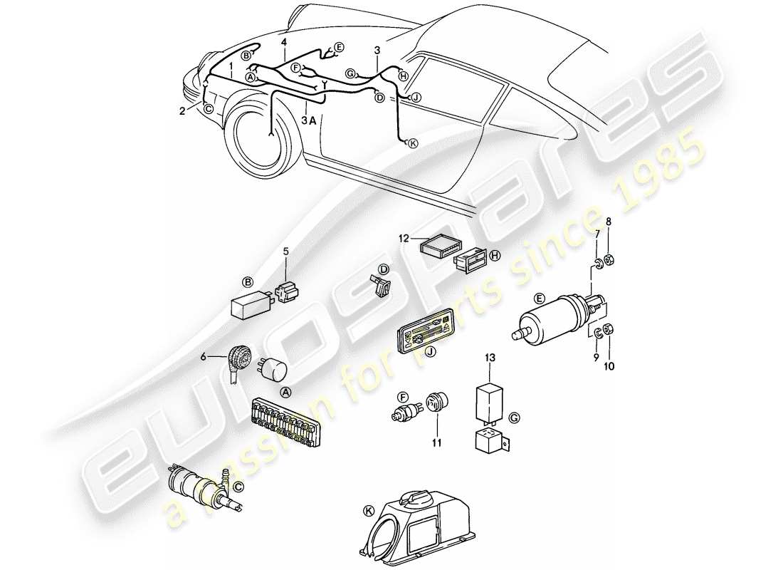 porsche 1985 (911) cablaggi elettrici - impianto rondella - spie di avvertimento - pompa carburante schema parziale