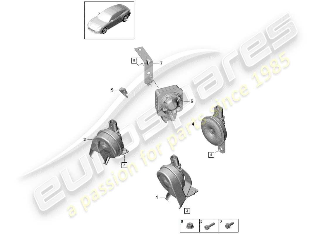 porsche panamera 971 (2019) diagramma delle parti del corno della fanfara