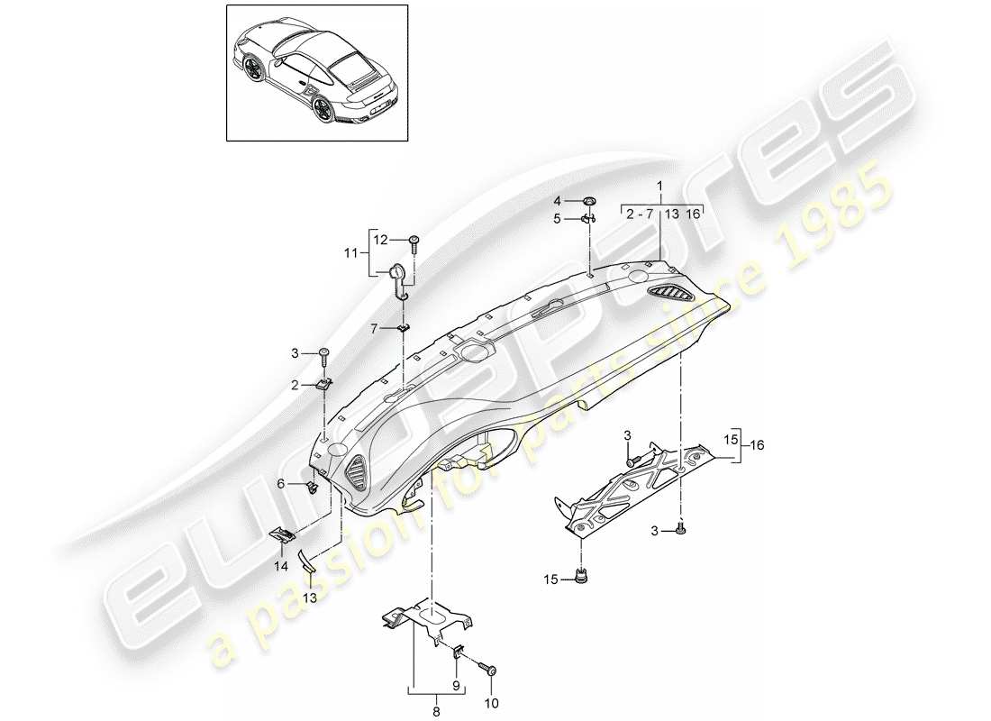 porsche 2013 (997-2 turbo / gt2 rs) rivestimento del pannello del cruscotto diagramma delle parti