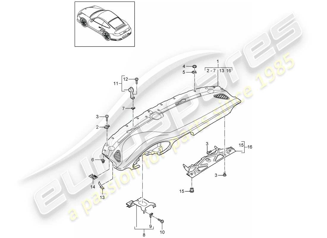 porsche 911 t/gt2rs (2013) rivestimento del pannello del cruscotto diagramma delle parti