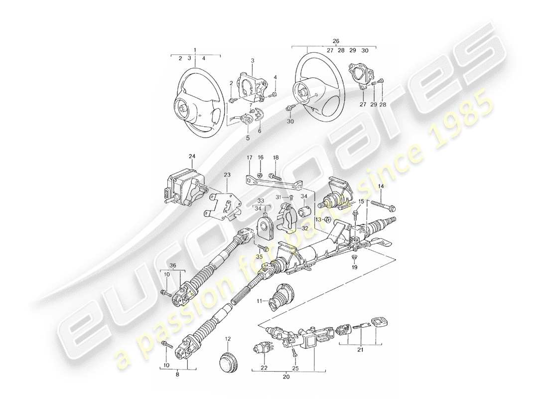porsche 2000 (996) tubo di protezione sterzo - albero intermedio dello sterzo - volante schema parte