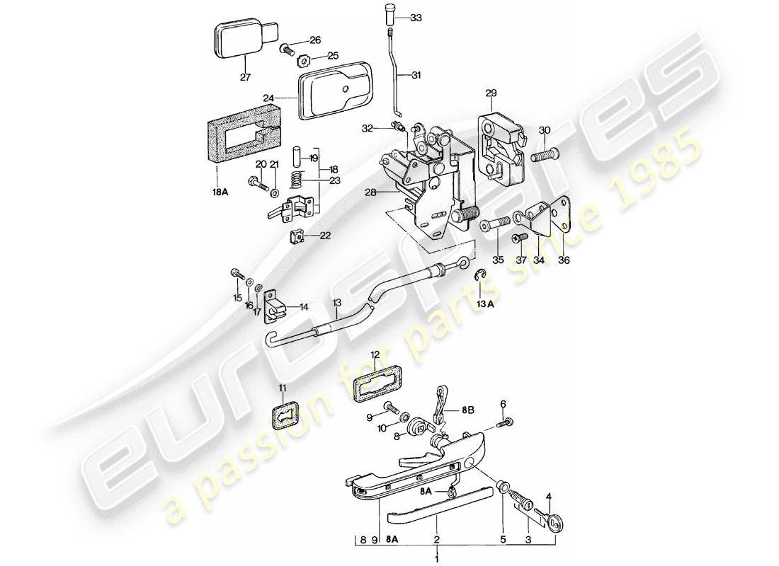 porsche 1985 (924) maniglia della porta - chiusura della porta diagramma delle parti