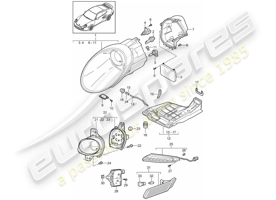 porsche 2013 (997-2 turbo / gt2 rs) diagramma delle parti del faro