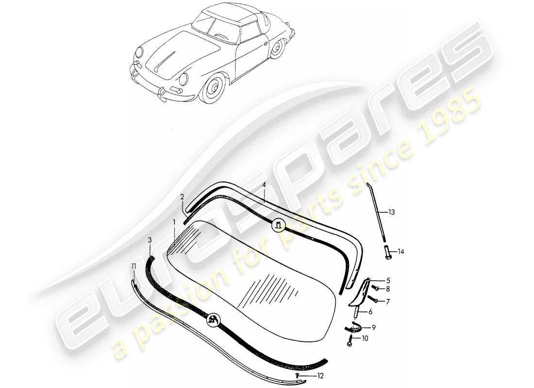 porsche 1952 (356/356a) vetro del parabrezza diagramma delle parti