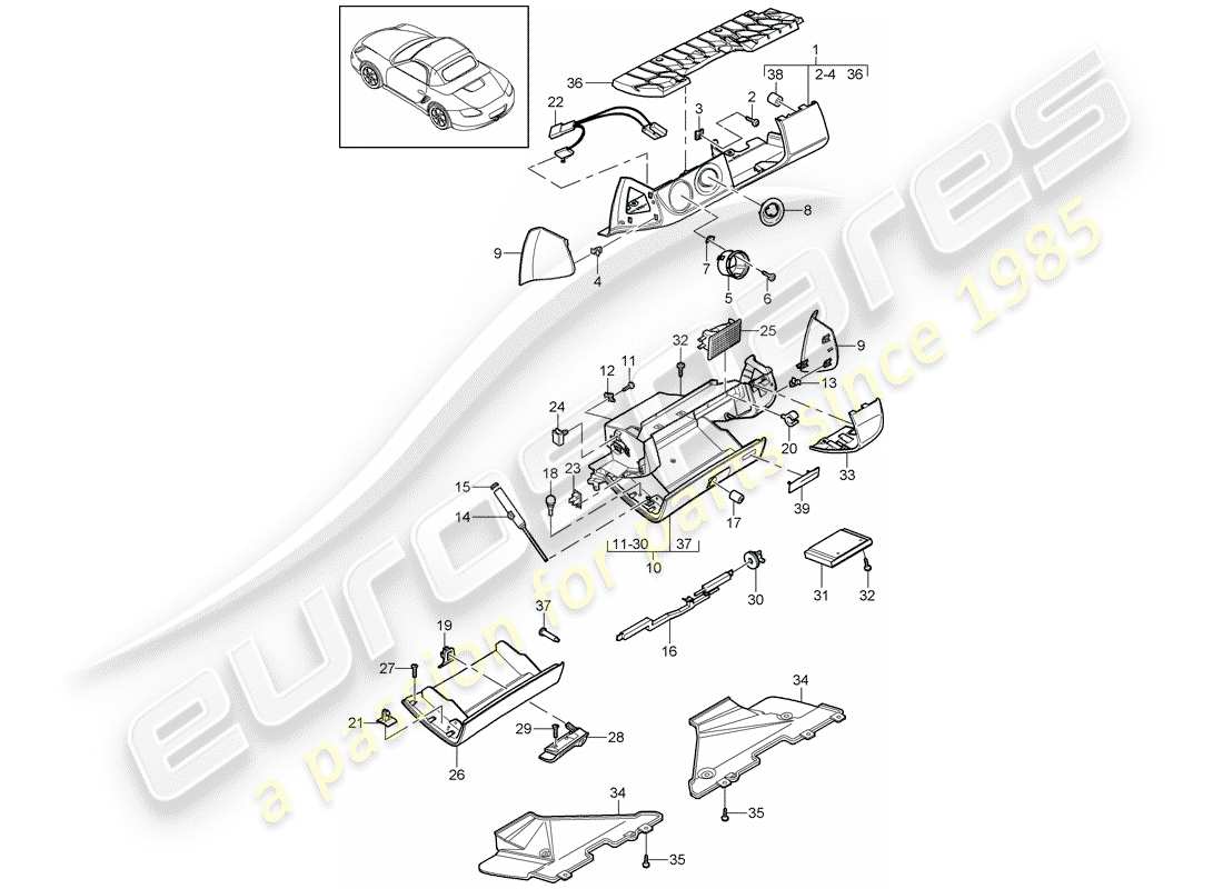 porsche 2009 (987 boxster) scatola di guanti diagramma delle parti