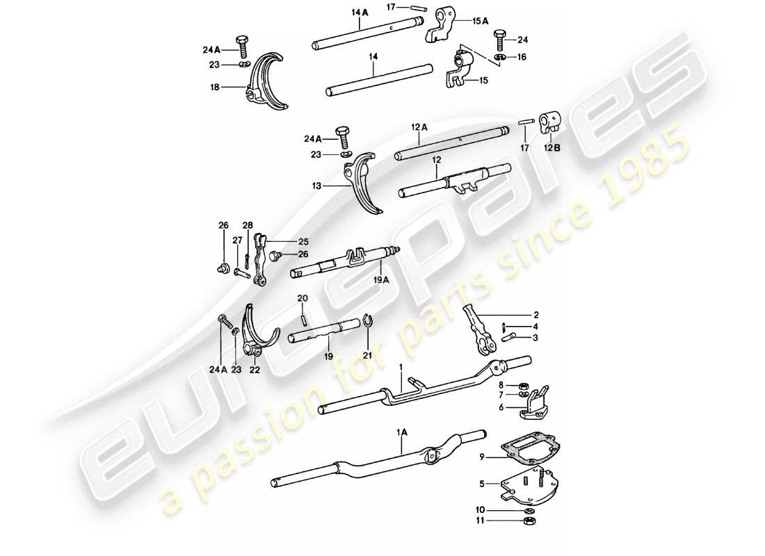 porsche 1983 (911) aste cambio - forcelle cambio - 5. - velocità - diagramma delle parti trasmissione
