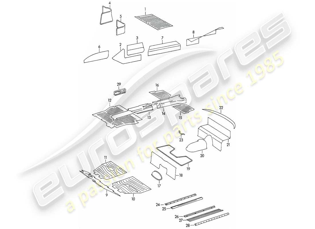 porsche 1954 (356/356a) rivestimenti - vano piedi diagramma delle parti