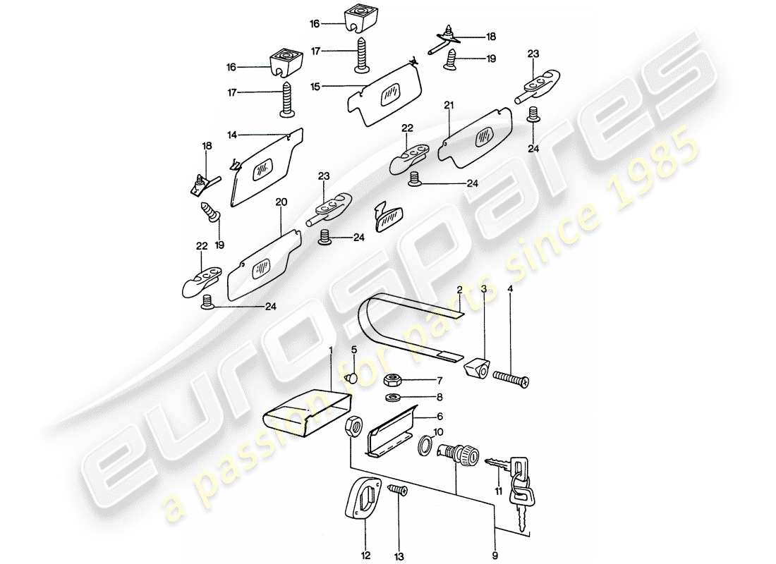 porsche 1975 (911) portaoggetti - visiera da parasole diagramma delle parti