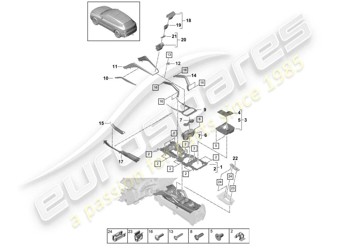 porsche 2020 (cayenne e3 9ya/9yb) schema delle parti della console centrale