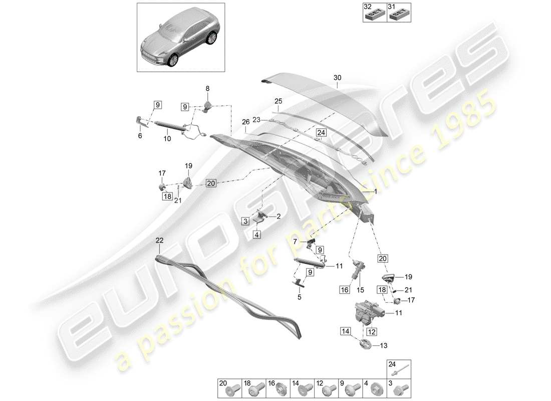 porsche 2020 (macan) schema delle parti del coperchio del baule posteriore