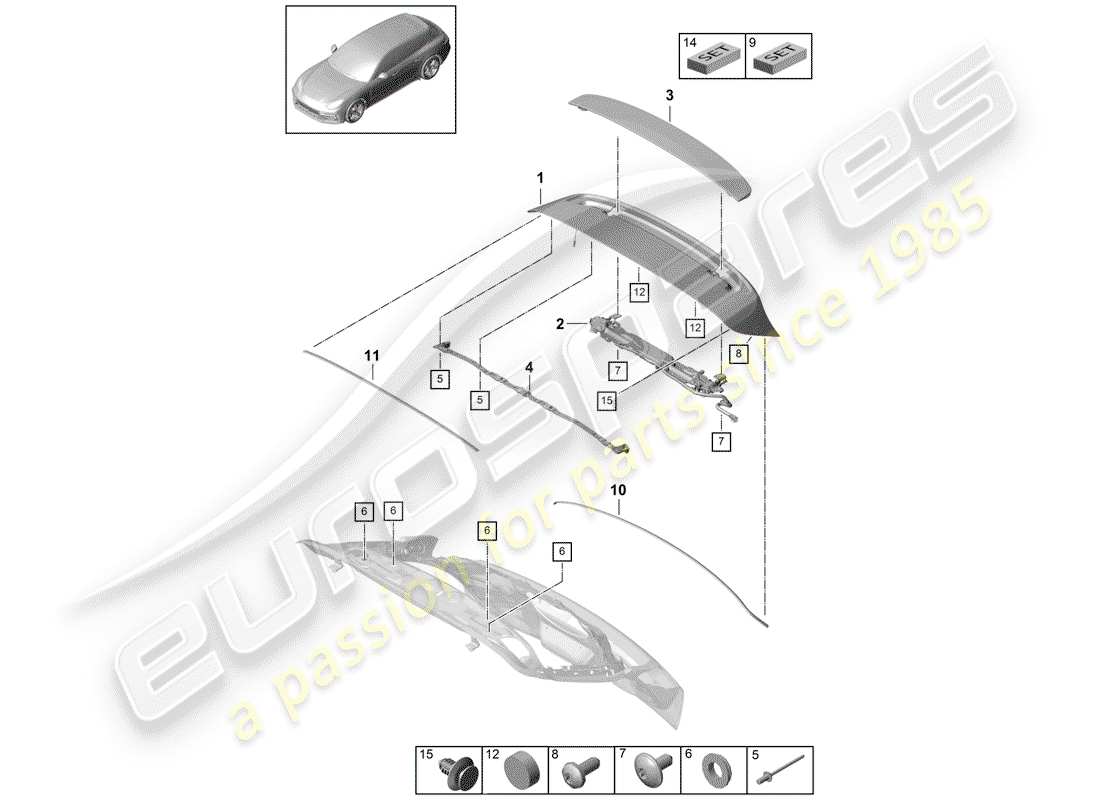 porsche panamera 971 (2017) spoiler posteriore diagramma delle parti