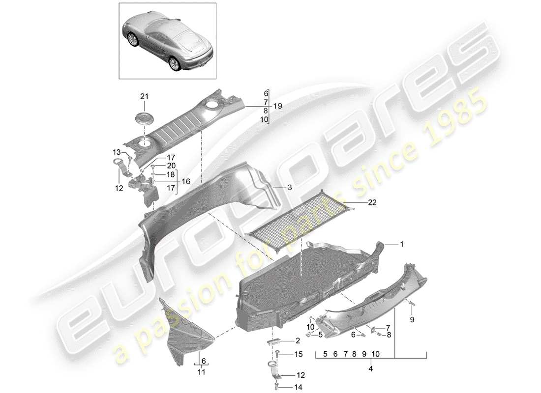 porsche 2016 (981 cayman) compartimento bagagli diagramma delle parti