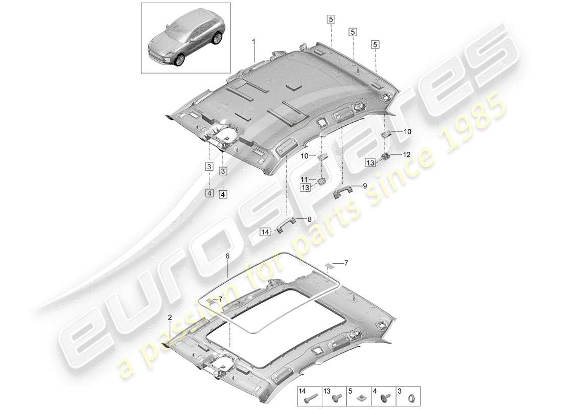 porsche 2019 (macan) pannello di rivestimento del tetto diagramma delle parti