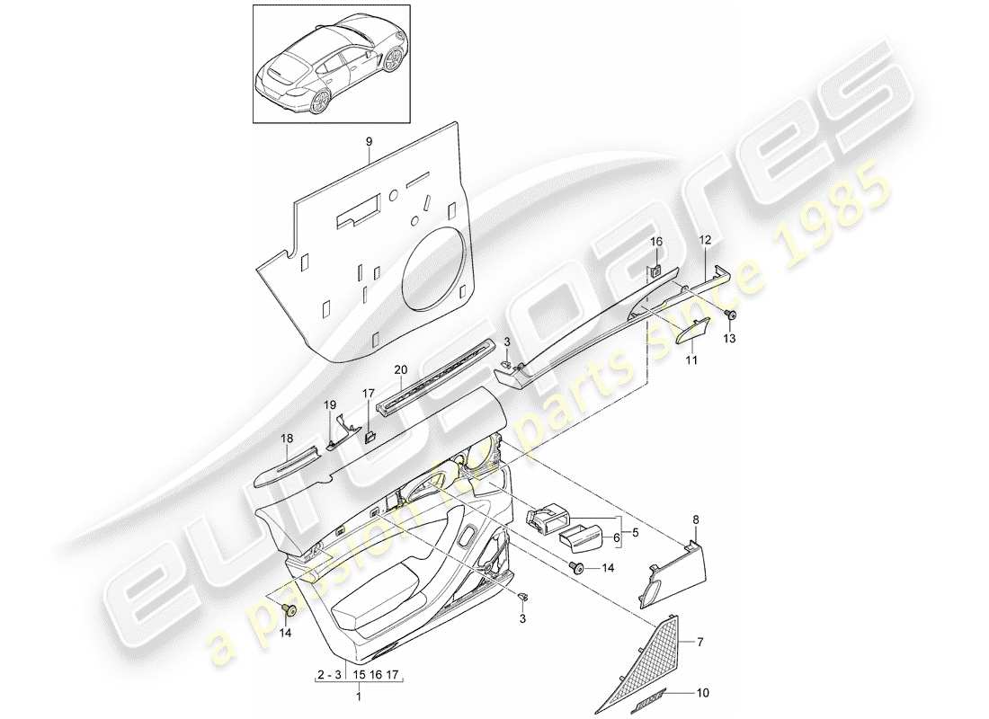 porsche 2011 (panamera 970) schema delle parti del pannello della porta