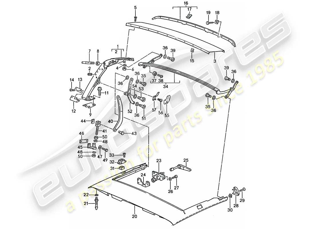 porsche 1987 (911) prua principale - telaio del tetto - parti singole schema delle parti