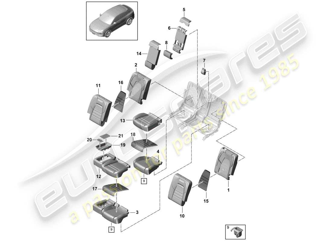 porsche 2020 (cayenne e3 9ya/9yb) diagramma delle parti del sedile