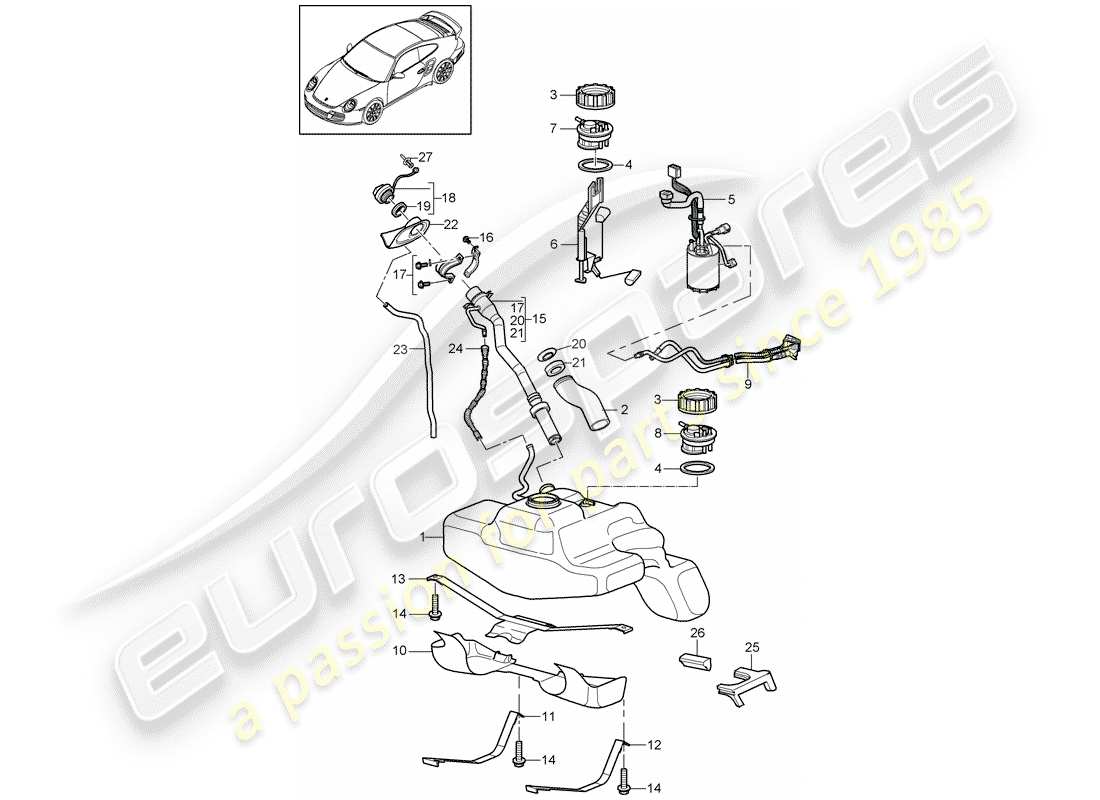 porsche 2013 (997-2 turbo / gt2 rs) diagramma delle parti del serbatoio del carburante