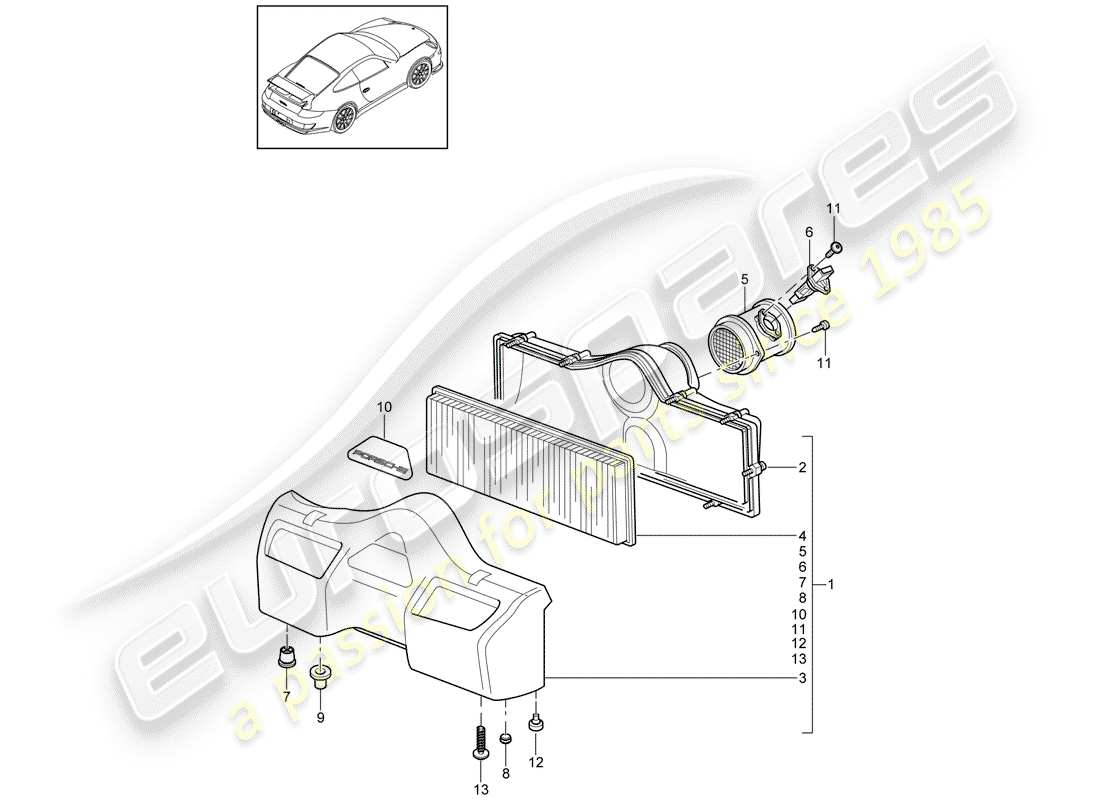 porsche 2008 (997-1 gt3) diagramma delle parti del filtro dell'aria