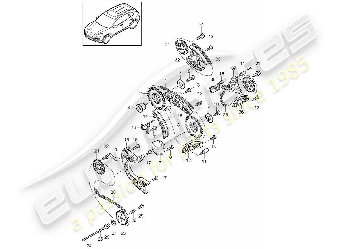 porsche 2013 (cayenne e2 92a) diagramma delle parti della catena di distribuzione