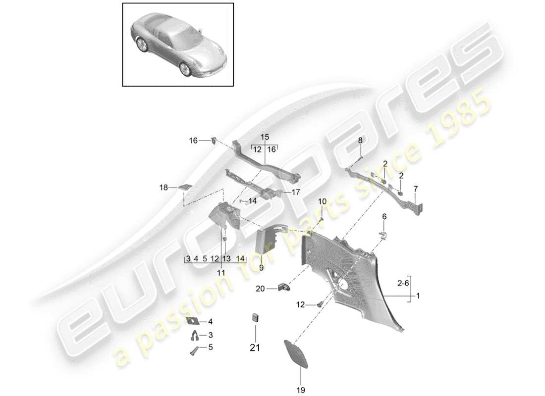 porsche 2017 (991-2) pannello di rivestimento laterale diagramma delle parti