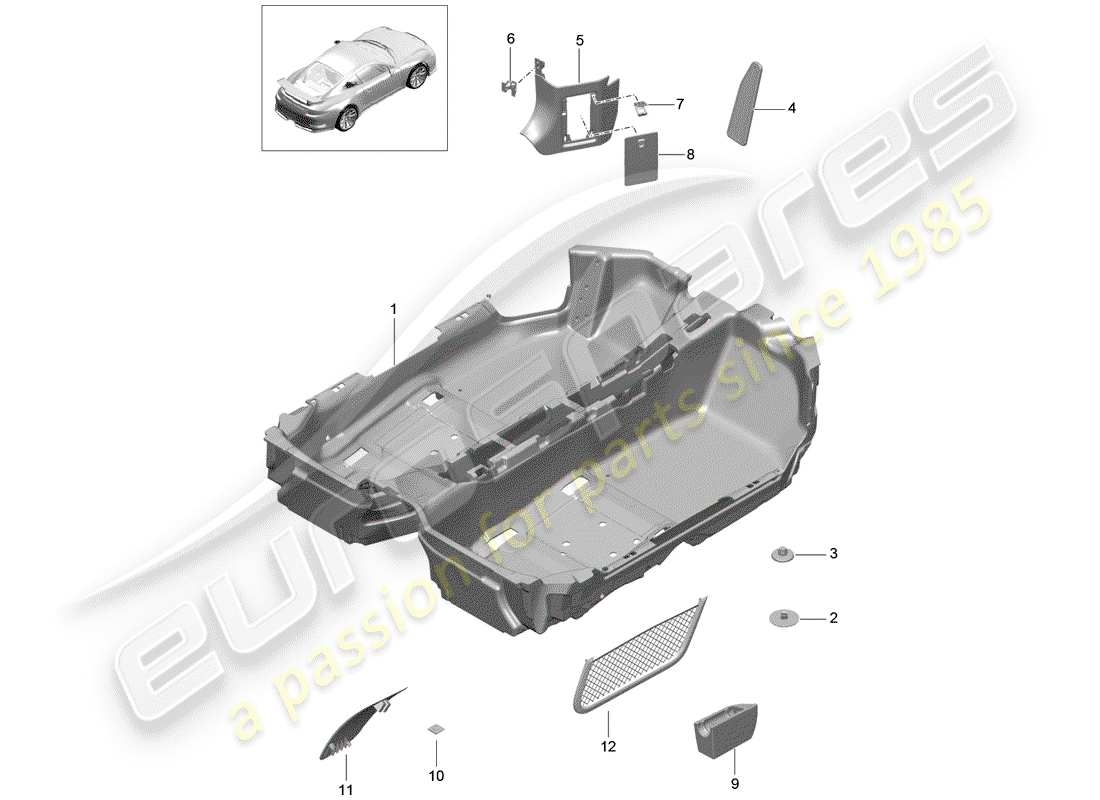 porsche 2016 (991-1 r/gt3/rs) schema delle parti della copertura del pavimento