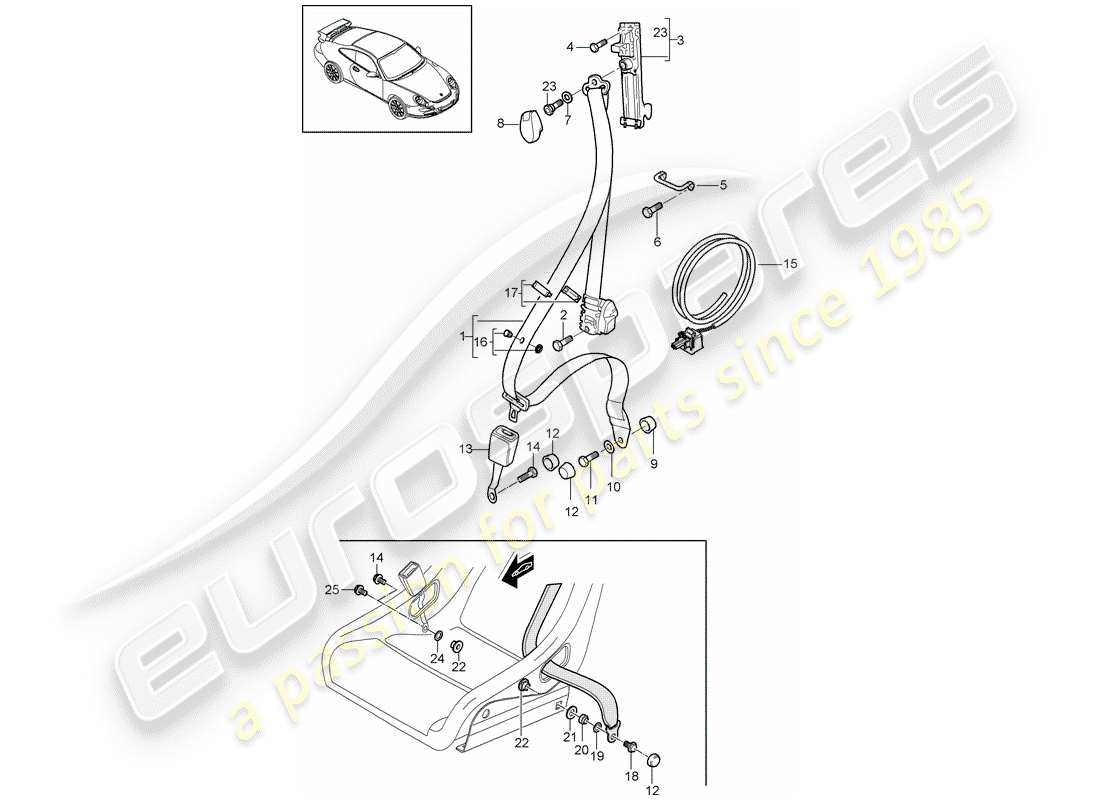 porsche 2008 (997-1 gt3) cintura di sicurezza diagramma delle parti