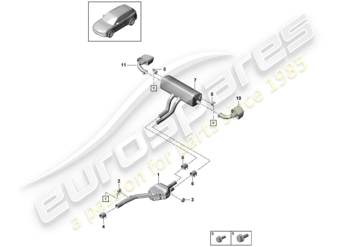 porsche 2019 (cayenne e3 9ya/9yb) impianto di scarico diagramma delle parti