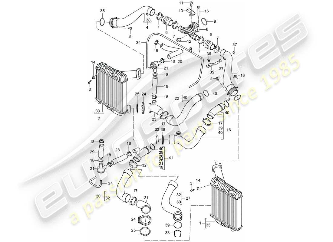 porsche 2004 (cayenne e1 9pa) schema delle parti del raffreddatore dell'aria di carica