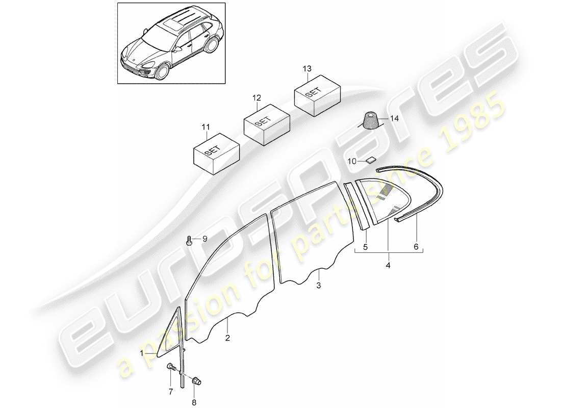porsche 2013 (cayenne e2 92a) vetri da finestra diagramma delle parti