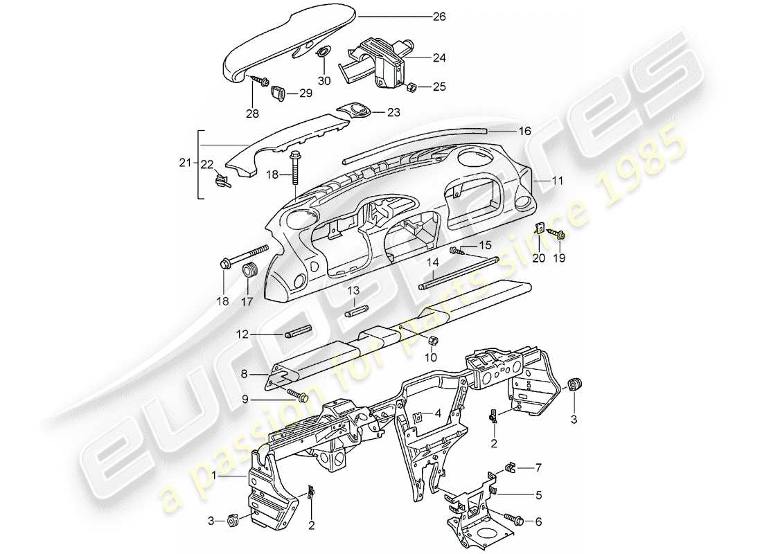 porsche 2003 (996 turbo / gt2) rivestimento del cruscotto - con: - telaio di ritegno schema delle parti