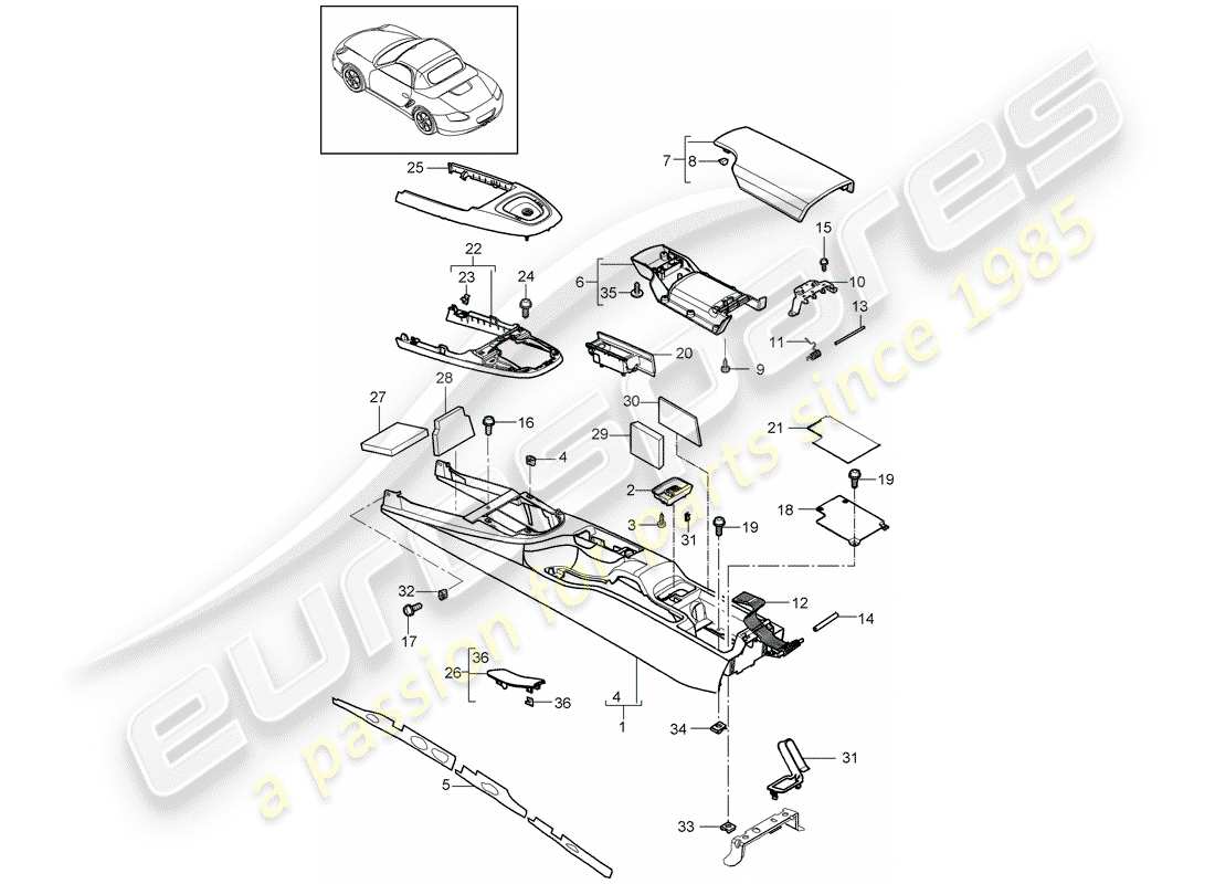 porsche 2009 (987 boxster) console centrale diagramma delle parti
