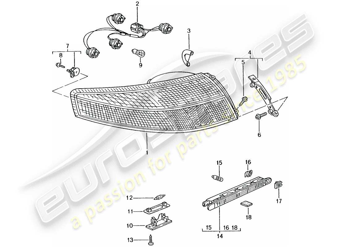 porsche 2003 (996 turbo / gt2) luce posteriore - luce targa - luce stop supplementare schema parte