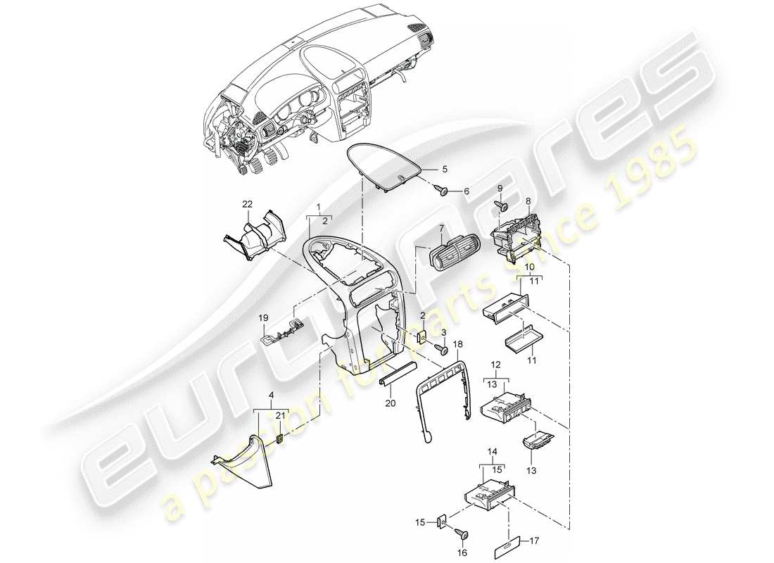 porsche 2003 (cayenne e1 9pa) rivestimento del pannello del cruscotto diagramma delle parti