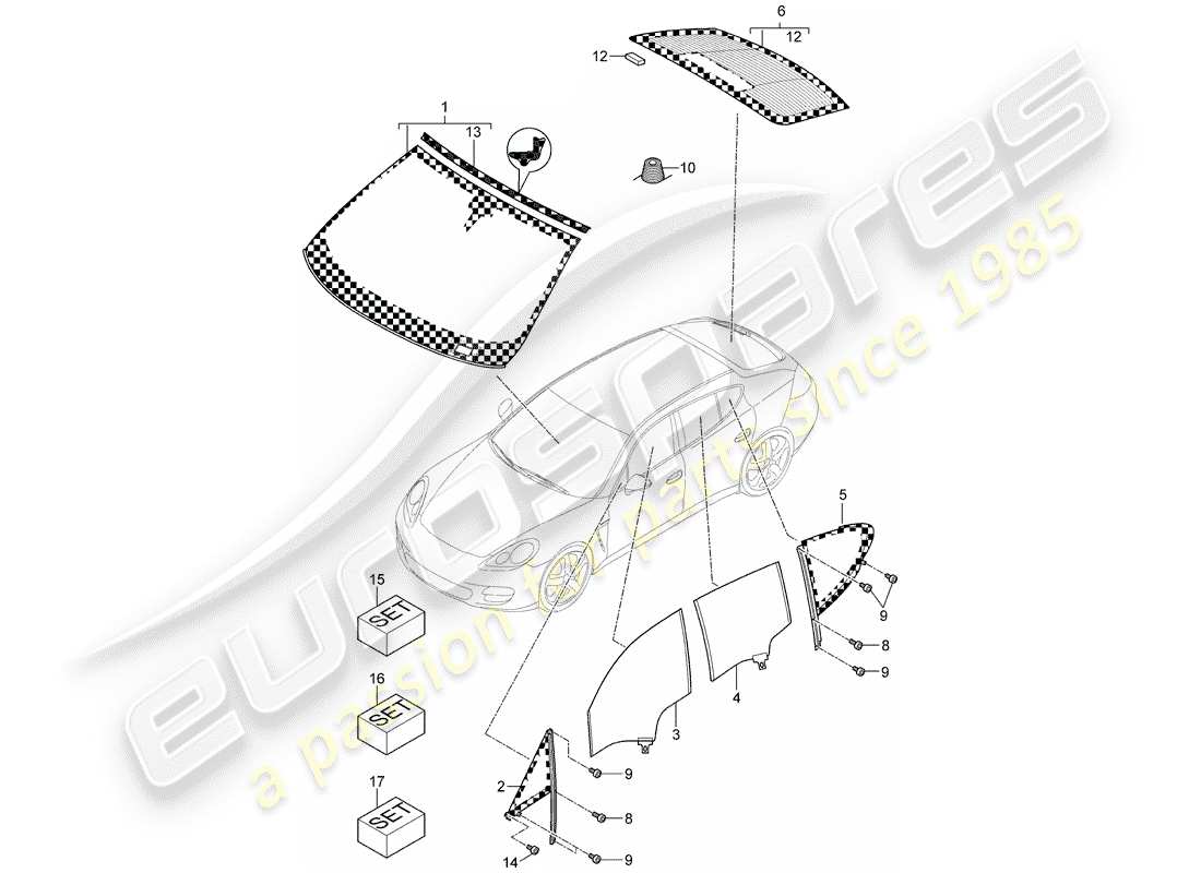 porsche 2013 (panamera 970) vetri della finestra schema delle parti