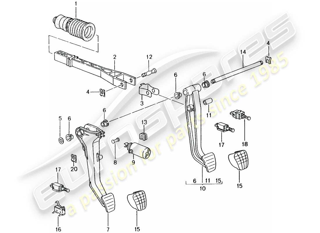 porsche 2000 (986 boxster) freno e acc. montaggio del pedale diagramma delle parti