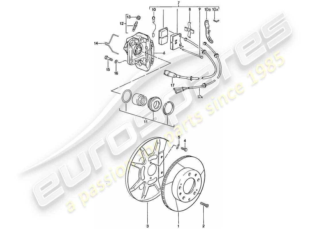 porsche 1982 (928) freni a disco - assale anteriore - pinza flottante - f >> 92-a0800 749 diagramma delle parti