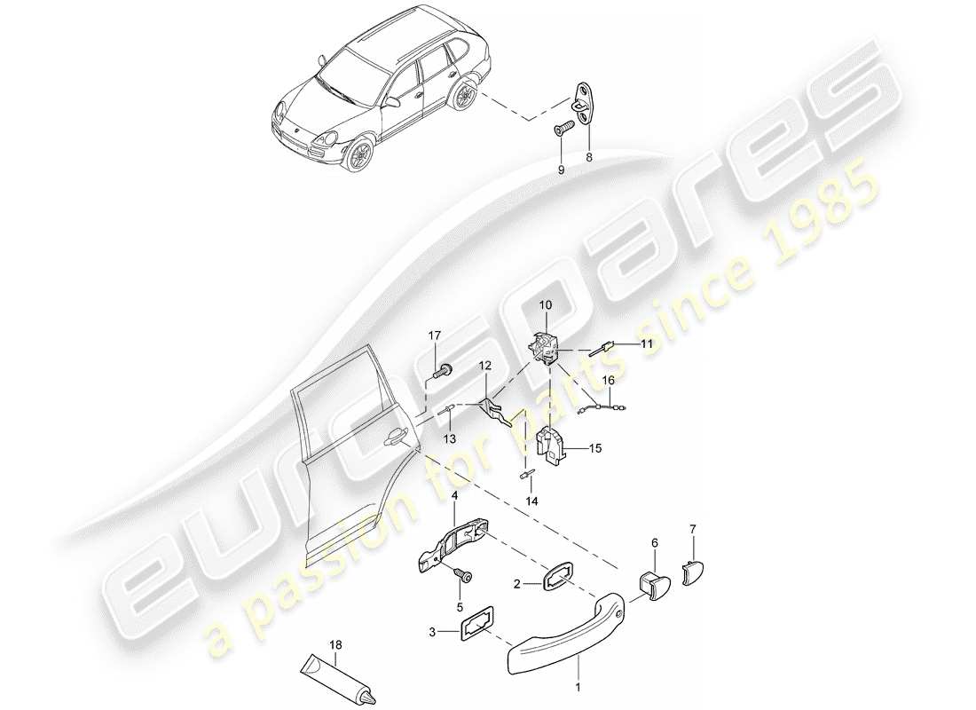 porsche 2005 (cayenne e1 9pa) maniglia portiera, schema delle parti esterne