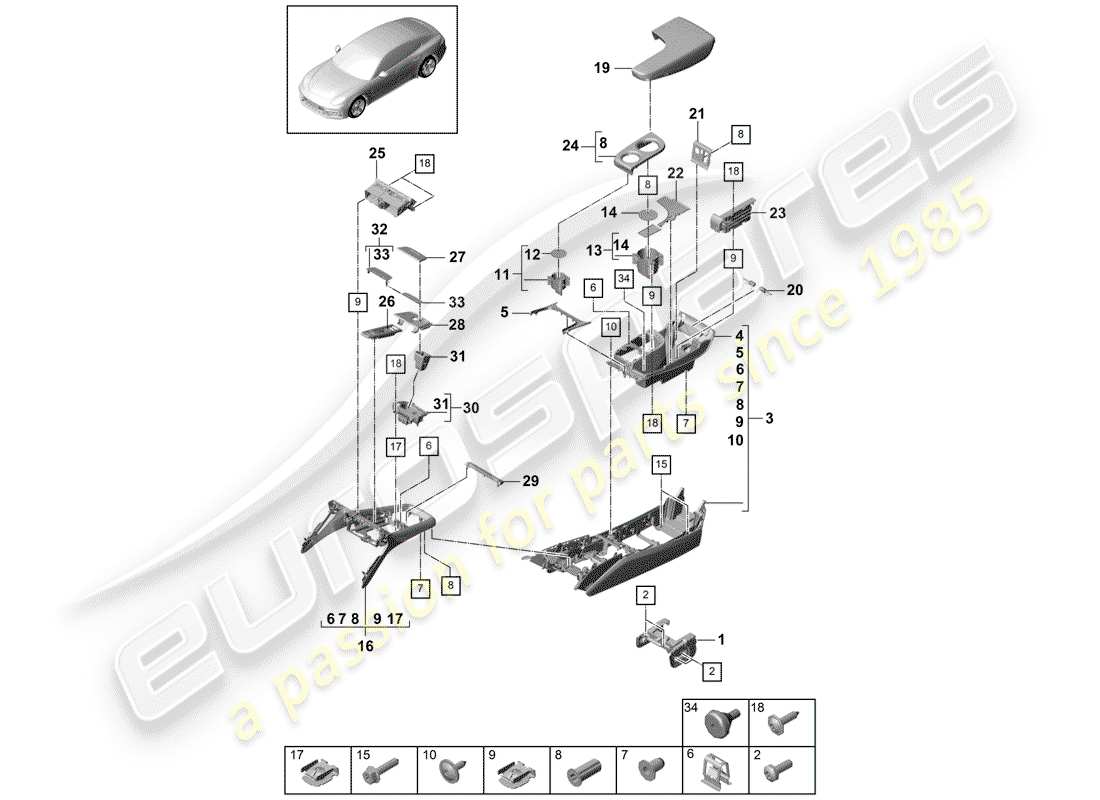 porsche 2018 (panamera 971-1) schema delle parti della console centrale