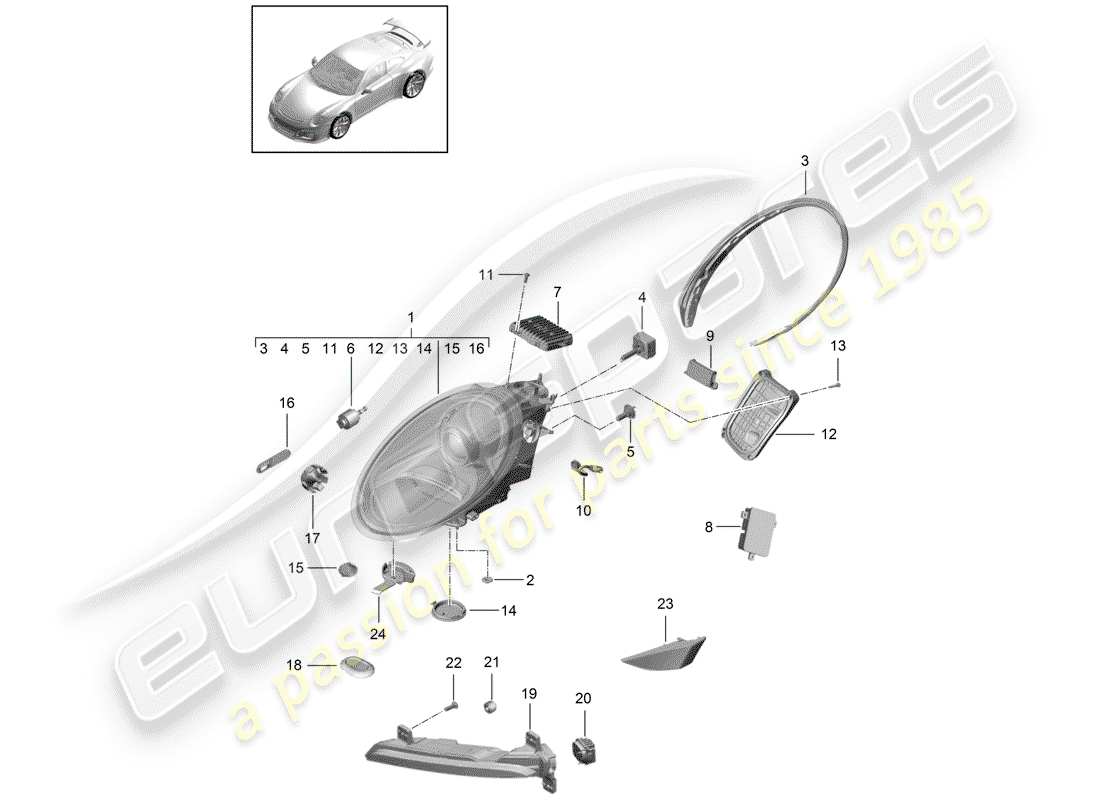 porsche 991r/gt3/rs (2020) diagramma delle parti del faro