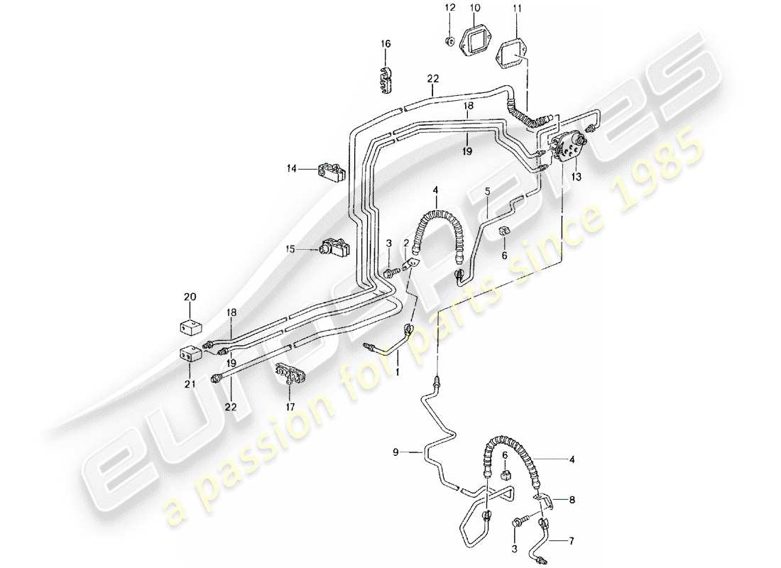 porsche 2004 (996 gt3) linea freno - assale anteriore - sottoscocca - linea del vuoto schema parte
