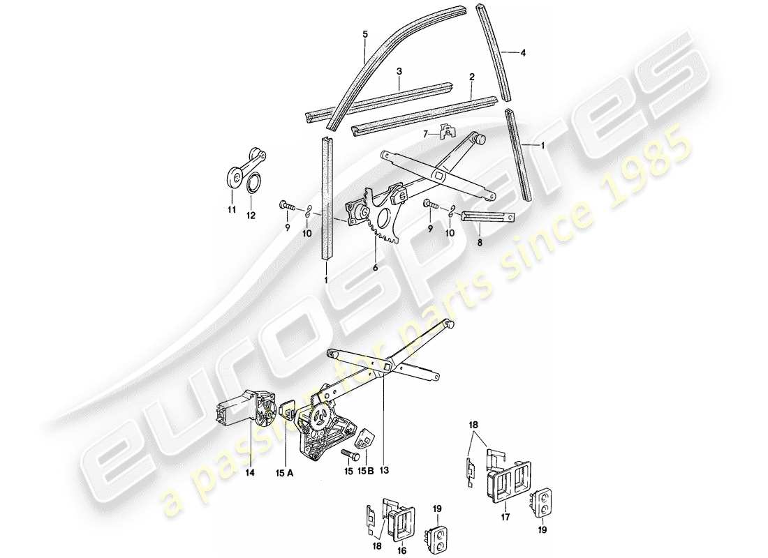 porsche 1983 (944) parti di installazione - porta finestra - regolatore della finestra schema delle parti