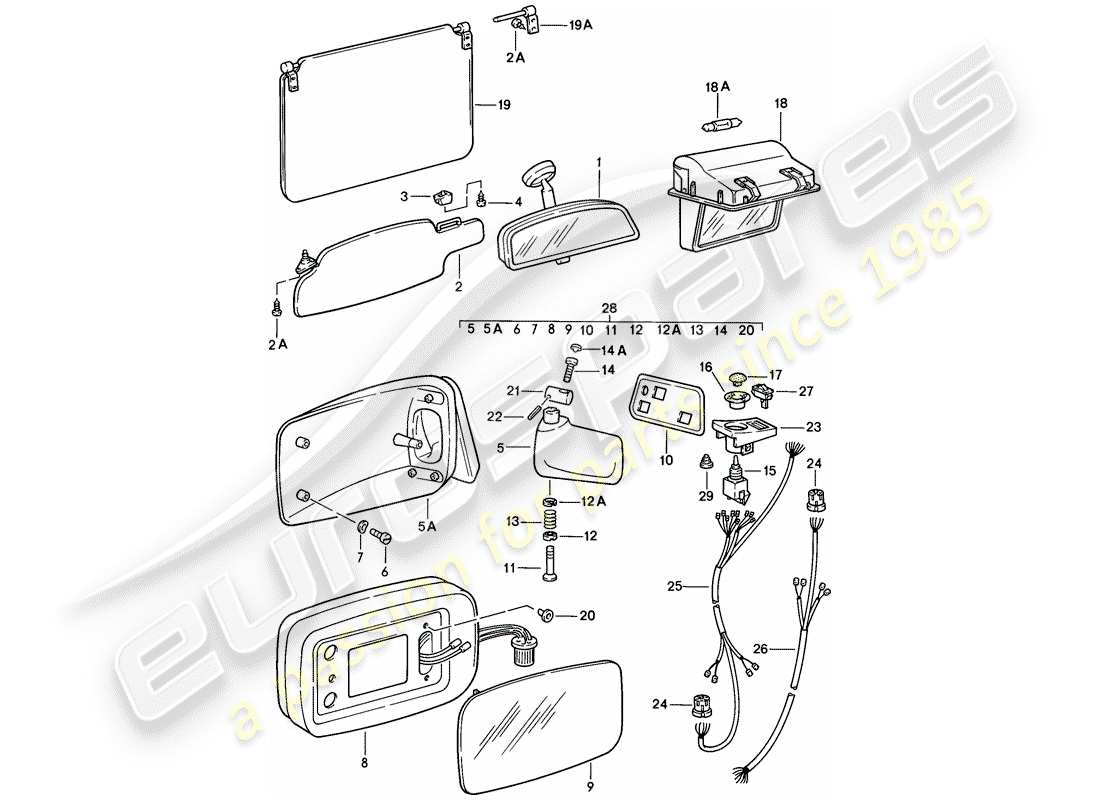porsche 1983 (928) specchio retrovisore interno - visiera parasole - specchio retrovisore schema parte