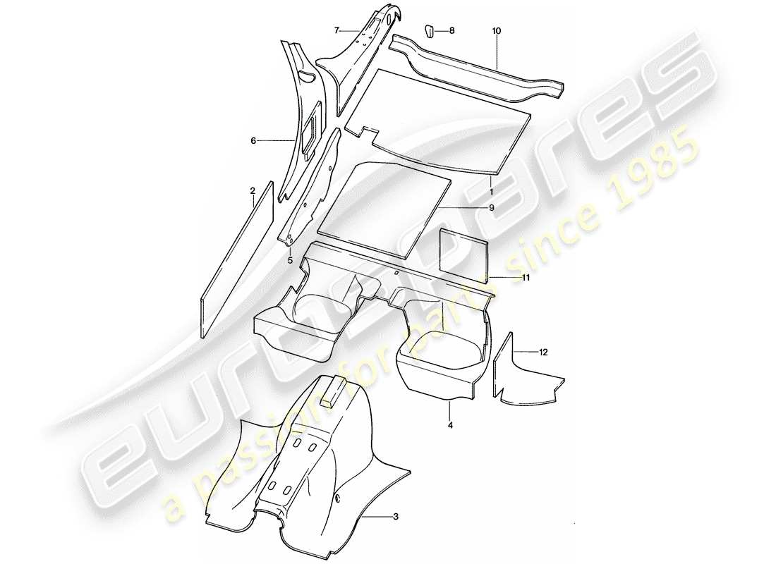 porsche 1985 (928) scocca - assorbitori acustici diagramma delle parti